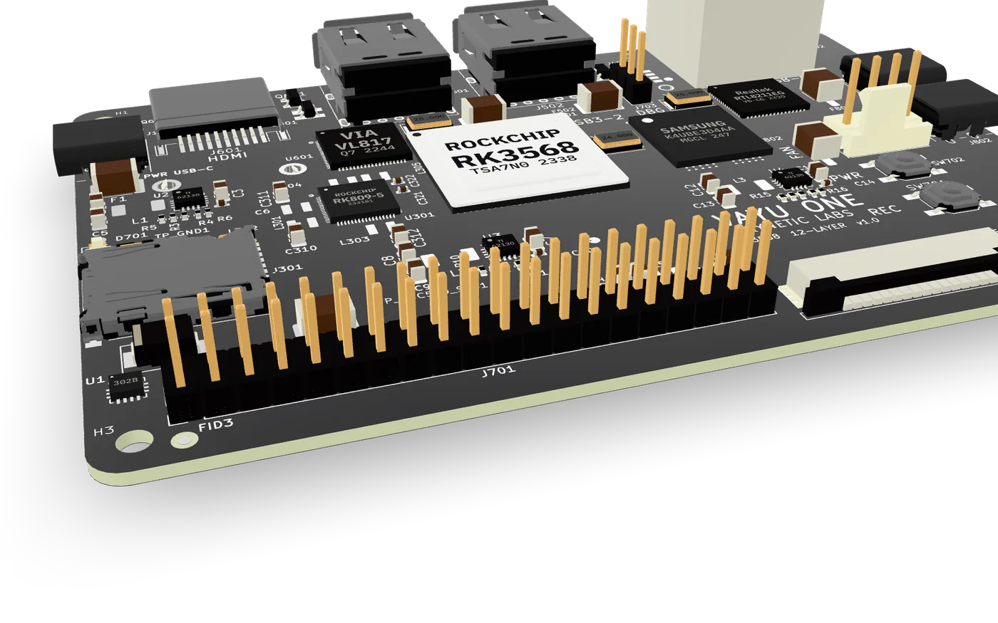 The 40-pin GPIO header along the front edge of Vayu One